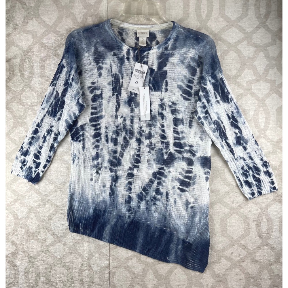 Chico's Allison Pullover Sweater Women 0 Small Blue NWT Tie Dye Linen Asymmetric